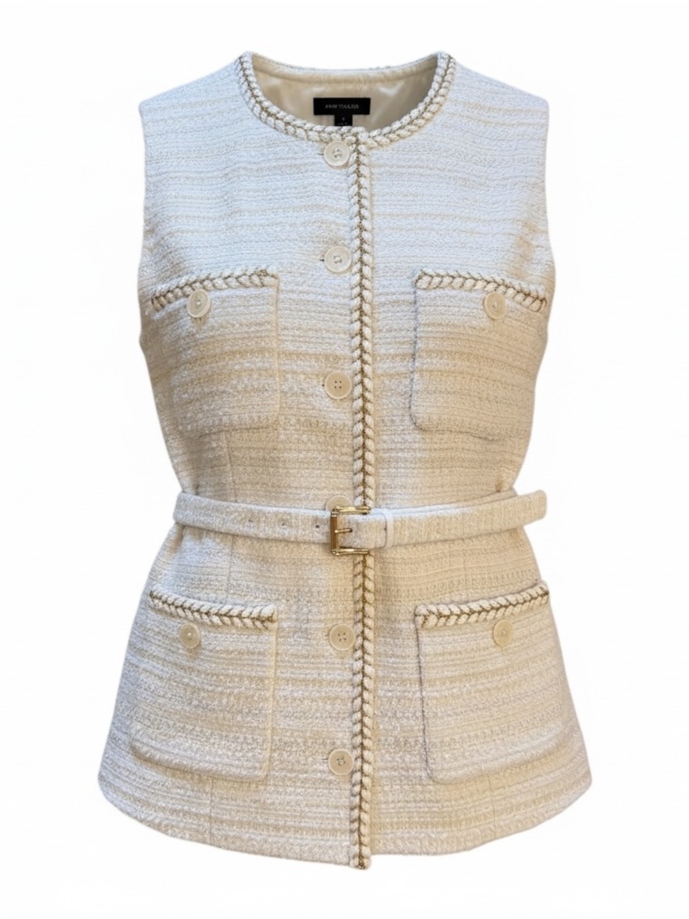 Ann Taylor White Tweed Belted Vest Gold Trim Braided Detail Size M